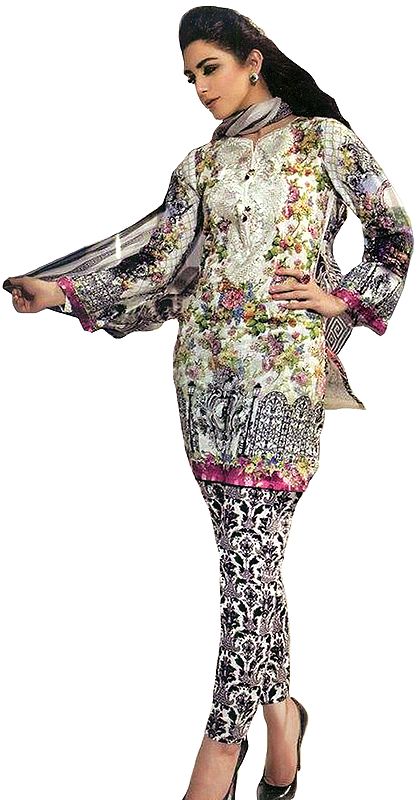 Bright-White Parallel Salwar Suit with Printed Flowers in Multi-color