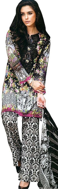 Black and White Parallel Salwar Suit with Printed Flowers and Chiffon Dupatta