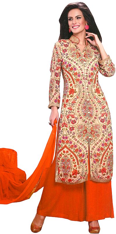 Wood-Ash and Orange Parallel Salwar Suit with Printed Flowers and Crystals