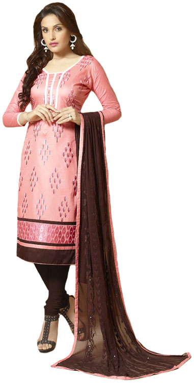 Pink and Chocolate Choodidaar Kameez Suit with Embroidered Leaves and Chiffon Dupatta