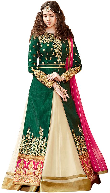 Green and Cream Designer Anarkali Suit with Floral Zari-Embroidered Long Jacket and Sequins