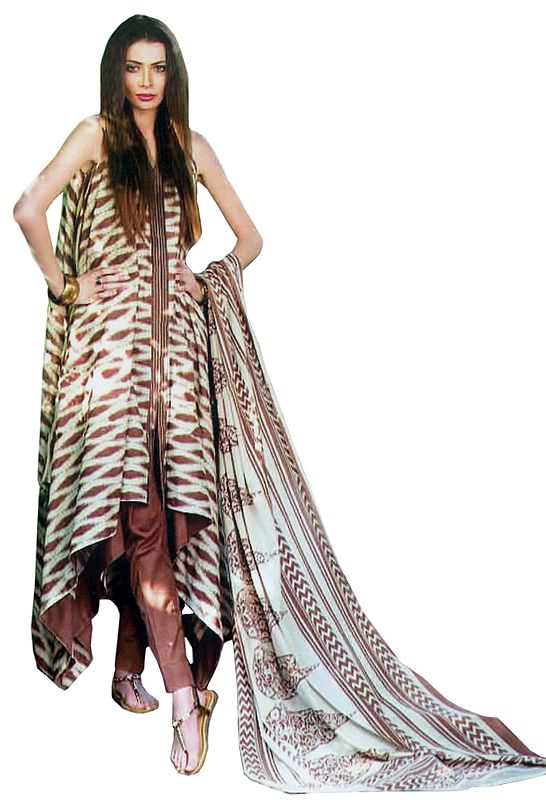 White and Brown Stylish Parallel Salwar Suit with Abstract Print