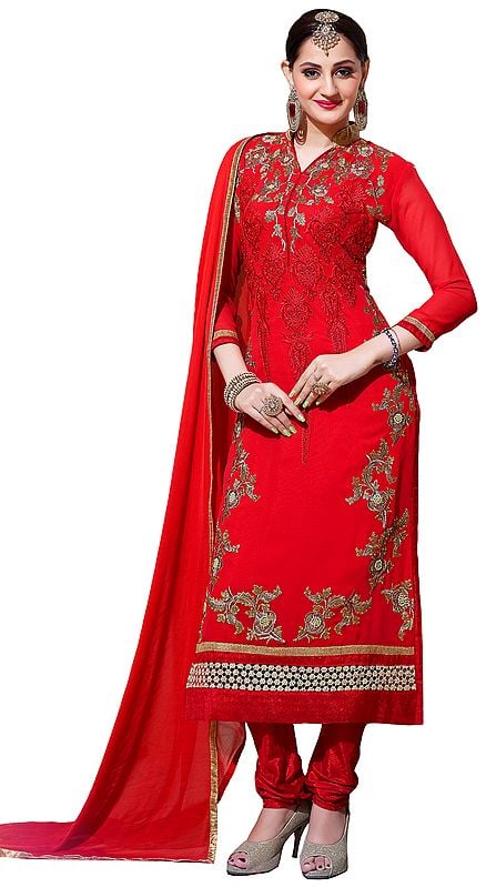Bittersweet-Red Wedding Long Choodidaar Kameez Suit with Zari-Embroidery and Crochet Border