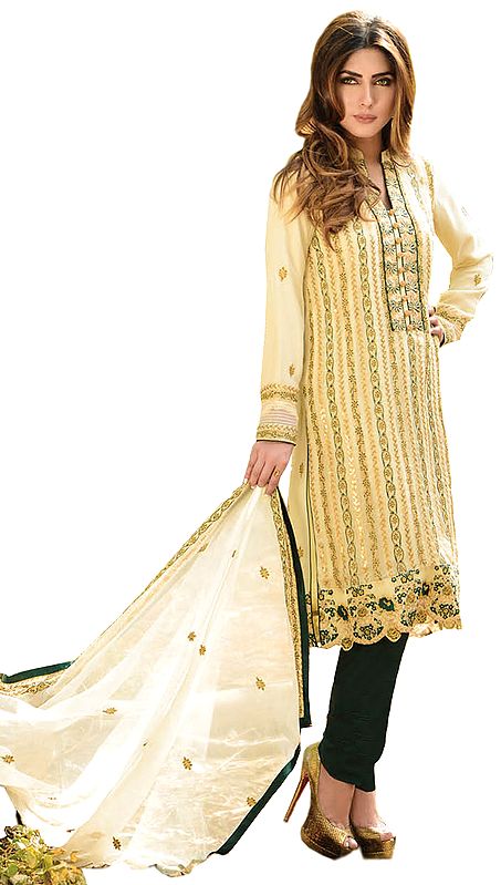 Ivory and Dark-Green Choodidaar Kameez Suit with Zari-Embroidery All-Over and Sequins