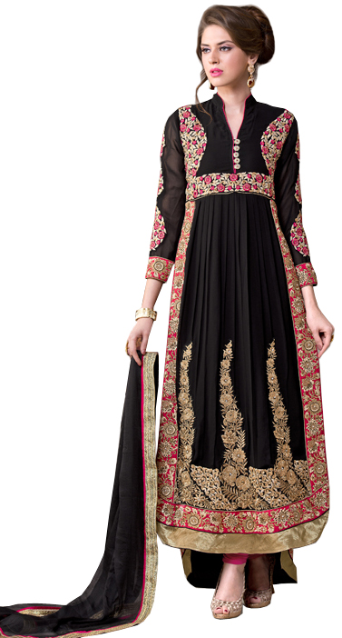Black and Pink Designer Long Choodidaar Kameez Suit with Floral Zari-Embroidered Patches and Crystals
