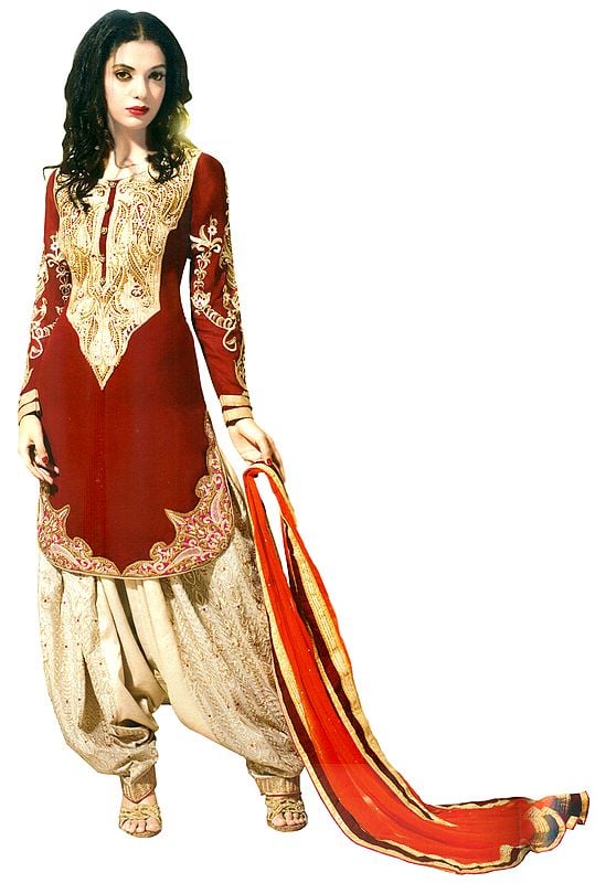 Maroon and Sandshell Wedding Salwar Kameez Suit with Zari-Embroiderd Patch on Neck and Border