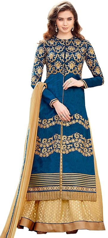 Snorkel-Blue and Golden Designer Lehenga Suit with Floral-Embroidery in Zari Thread and Crystals