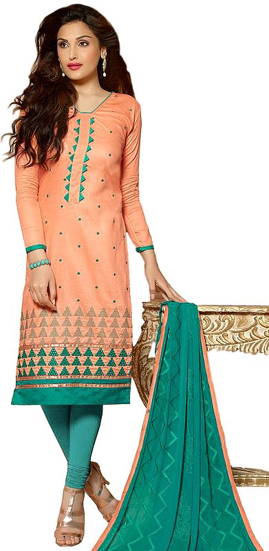 Peach-Nectar and Green Choodidaar Kameez Suit with Thread-Embroidery and Mirrors