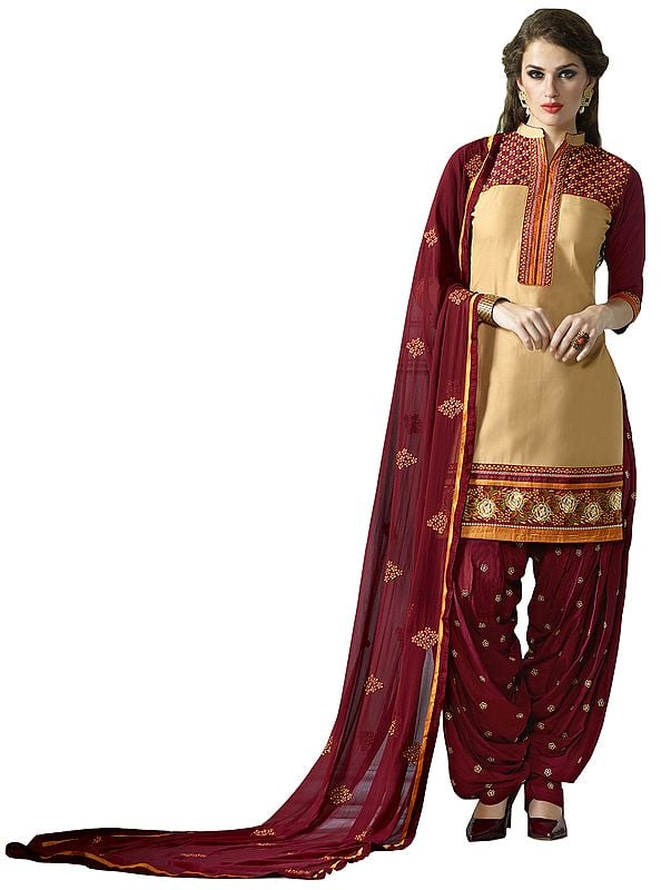 Italian-Straw and Maroon Patiala Salwar Kameez Suit with Floral Embroidered Patches and Bootis on Salwar