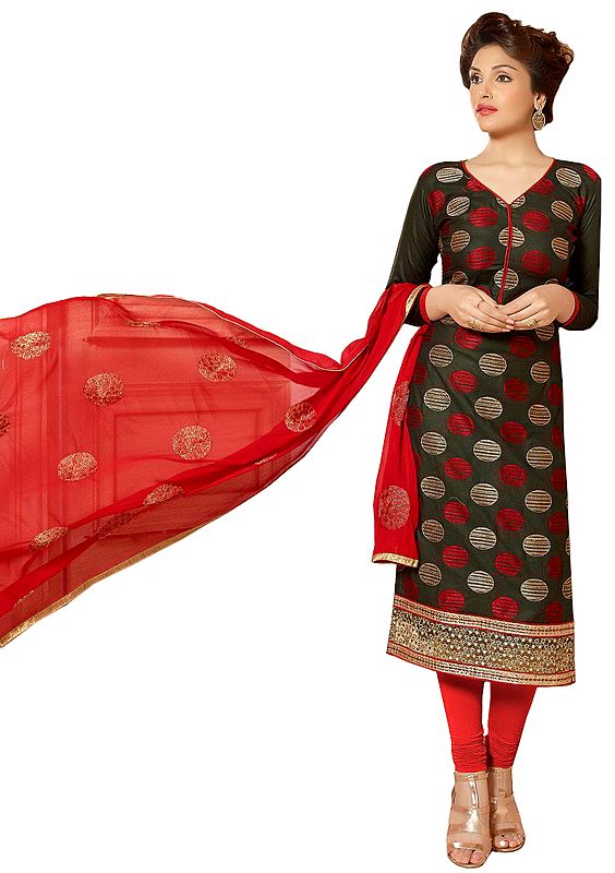 Rosin-Green and Red Choodidaar Kameez Suit with Zari-Embroidered Large Bootis and Crochet Border