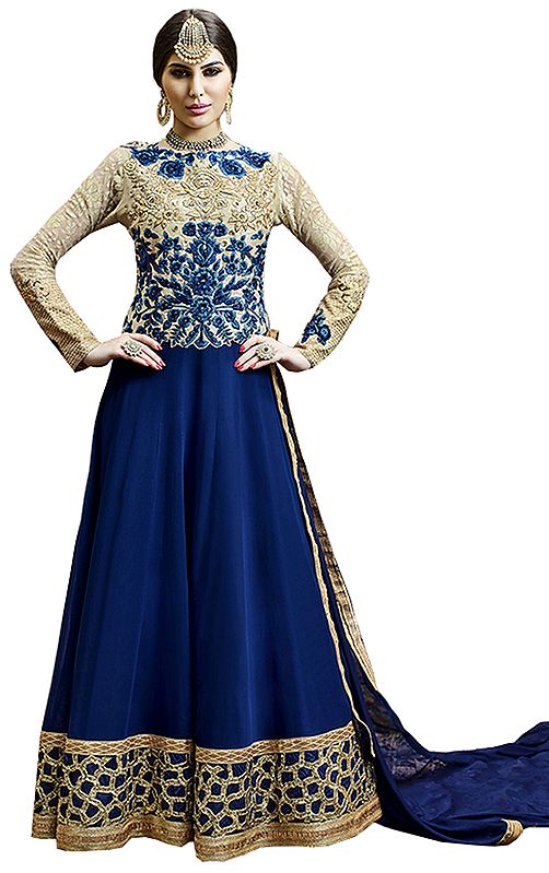Cream and Blue Designer Anarkali Suit with Zari-Embroidered Roses and Sequined Wide Border