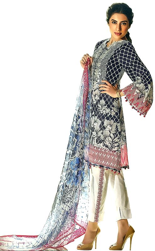 Blue-Nights and White Parallel Salwar Suit with Floral Print and Chiffon Dupatta