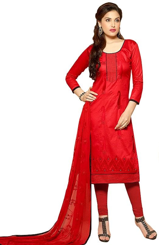 Tomato-Red Choodidaar Kameez Suit with Embroidered Paisleys