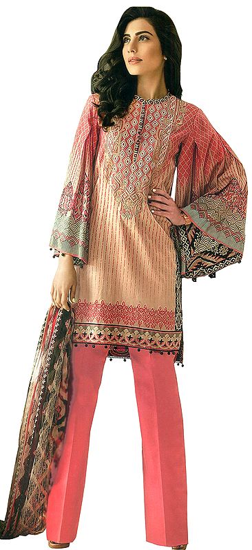 Crème-Brulee and Pink Printed Stylish Parallel Salwar Suit with Chiffon Dupatta