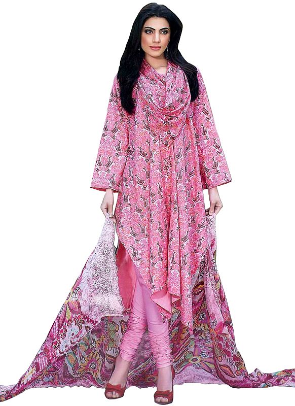 Pink and White Stylish Choodidaar Kameez Suit with Printed Flowers All-Over