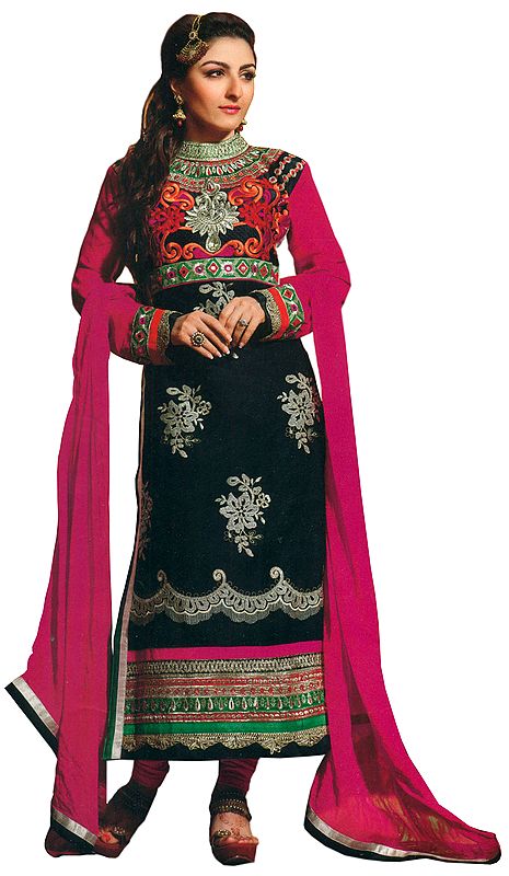 Black and Pink Soha Ali Long Choodiddaar Kameez Suit with Embroidery and Sequins