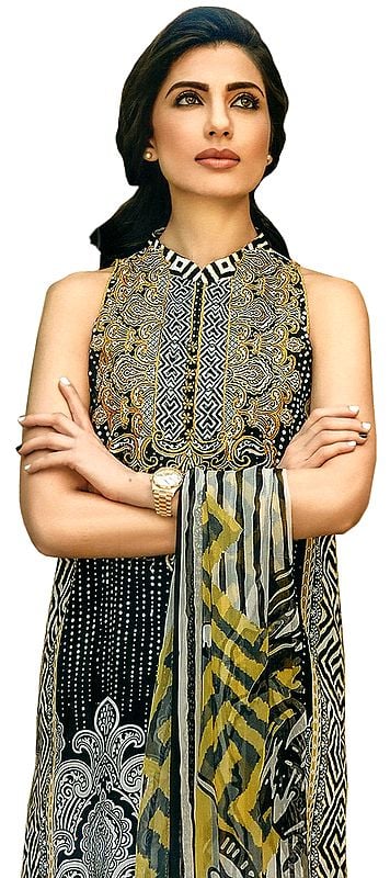 Jet-Black Salwar Kameez Suit with Floral Print and Chiffon Dupatta