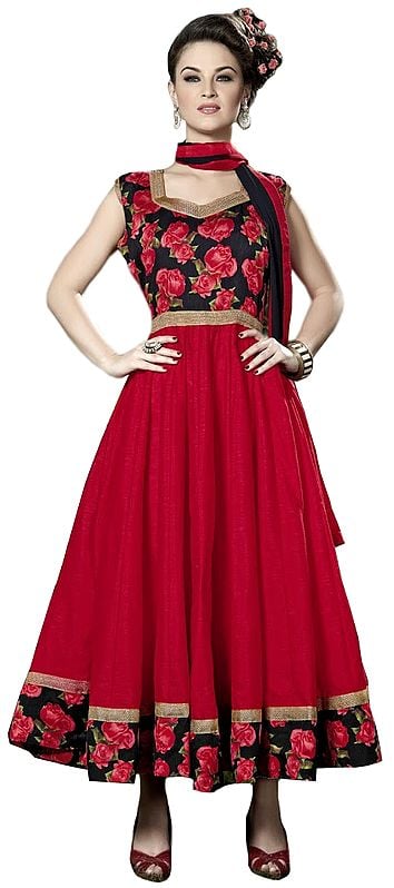 Red and Black Anarkali Suit with Printed Roses and Gota Border