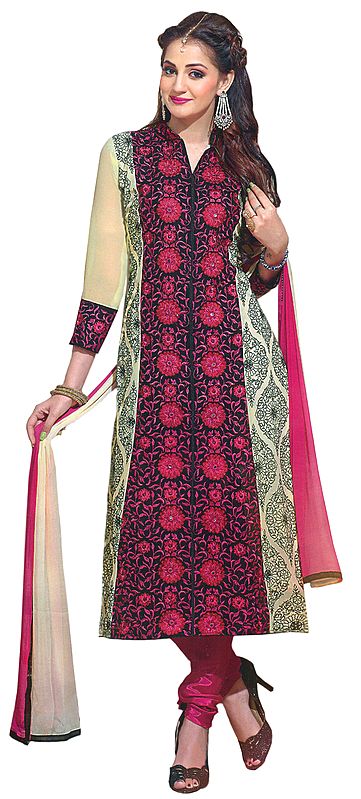 Cream and Pink Long Choodidaar Kameez Suit with Embroidered Flowers and Mirrors