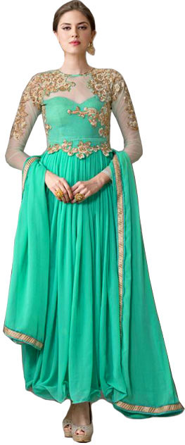 Aqua-Green Designer Anarkali Suit with Floral-Embroidery in Zari Thread