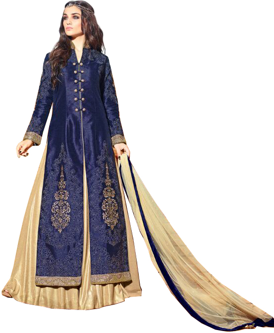 Blue and Beige Designer Lehenga Suit with Floral Embroidery and Crystals