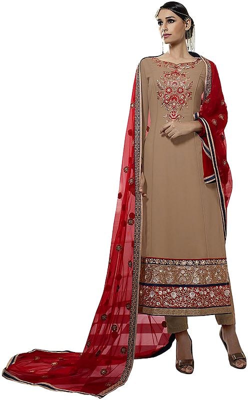 Beige and Red Long Trouser Salwar Kameez Suit with Embroidery in Zari and Net Dupatta
