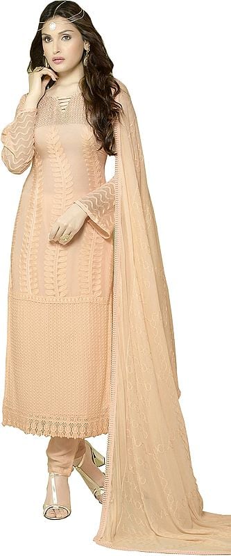 Pale-Peach Aari Crochet Long Choodidaar Kameez Suit