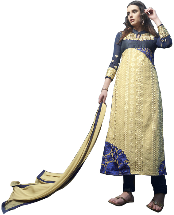 Dark-Blue and Cream Long Chudidar Kameez Suit with Floral Embroidery