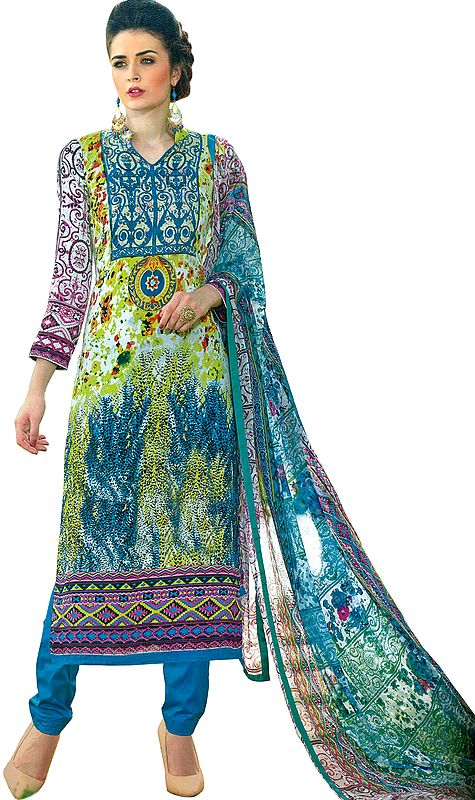 Multicolored Digital-Printed Long Choodidaar Kameez Suit with Chiffon Dupatta