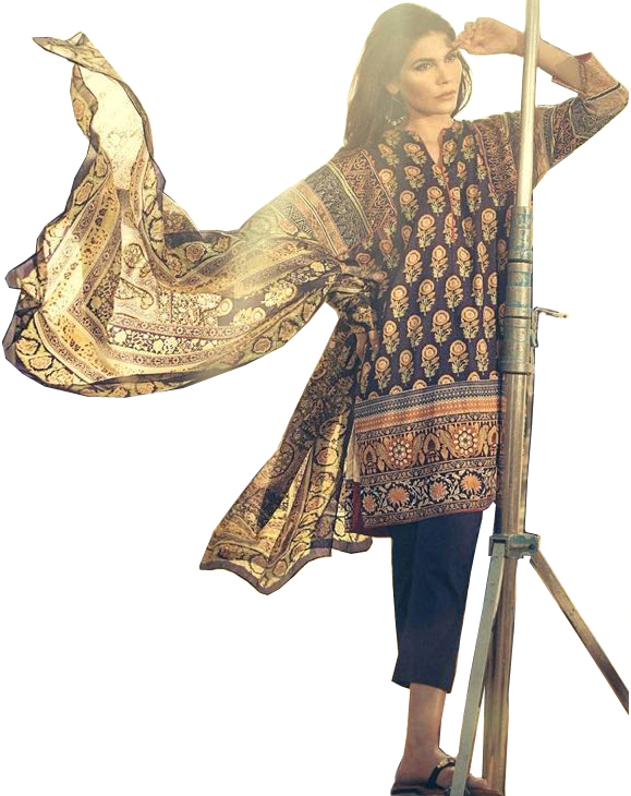 Dark-Blue Parallel Salwar Suit with Printed Flowers and Aari-Embroidery on Sleeves
