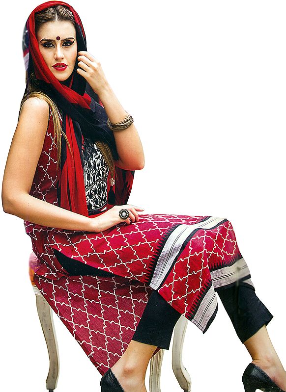 Maroon and Black Parallel Salwar Suit with Embroidered Patch on Neck and Ikat Print