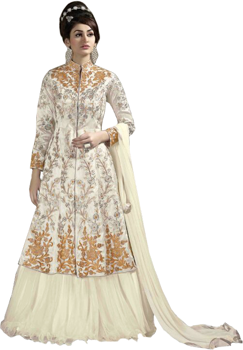 Ivory Designer Lehenga Suit with Floral Embroidery in Zari and Crystals