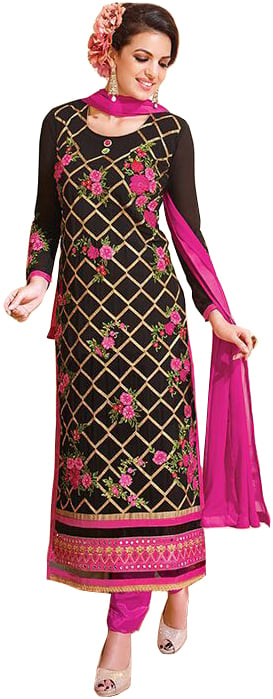 Black and Pink Long Chudidar Kameez Suit with Zari-Embroidery and Mirrors on Border