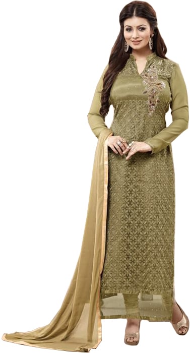 Gothic-Olive Ayesha Long Chudidar Kameez Suit with Chikan Embroidery and Zardozi Patch