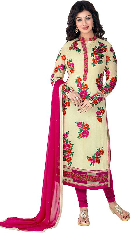 Ivory and Pink Ayesha Long Chudidar Kameez Suit with Embroidered Flowers and Net Border