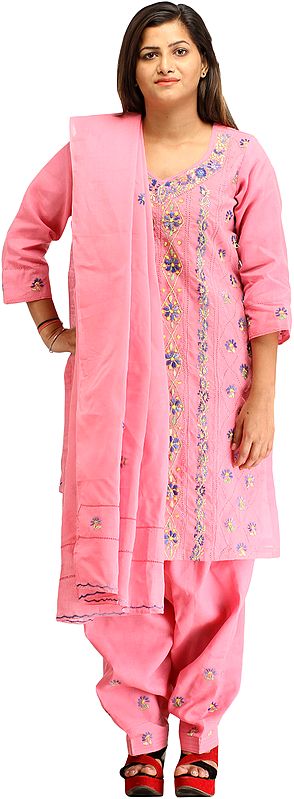 Sachet-Pink Kantha Hand-Embroidered Salwar Kameez Suit from Kolkata