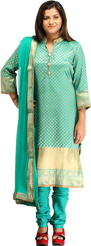 Turquoise-Green Banarasi Chudidar Kameez Suit with Zari Woven Bootis and Golden Border