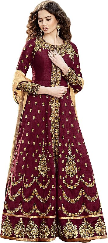 Maroon and Golden Designer Floor Length Salwar Suit with Zari-Embroidery All-Over and Small Sequins