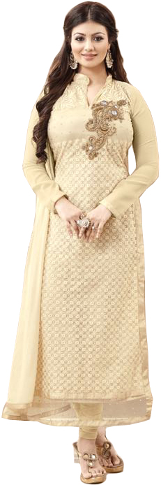 Cream Ayesha Long Choodidaar Kameez Suit with Chikan-Embroidery and Zardozi Patch