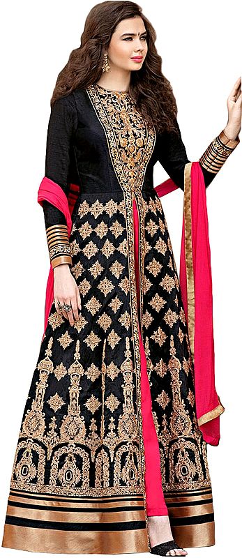 Black and Pink Designer Floor Length Salwar Suit with Golden-Embroidery and Crystals