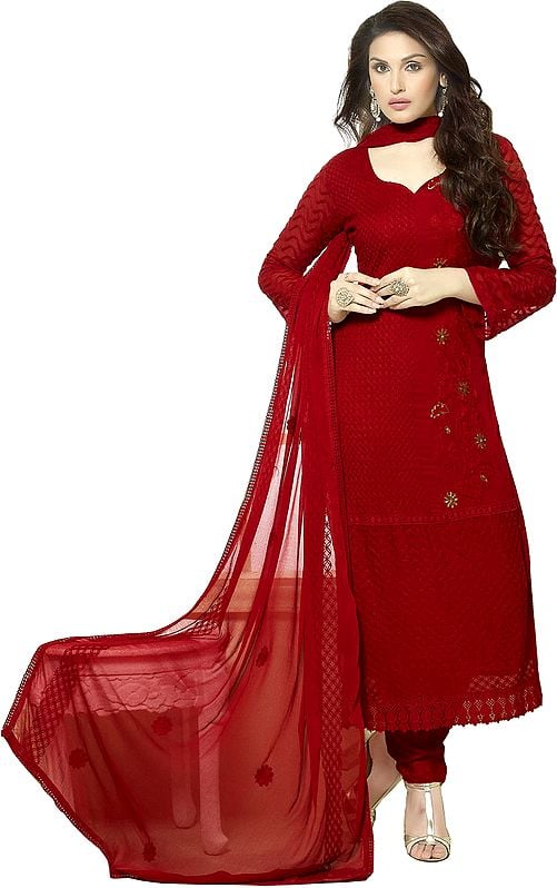 Rococco-Red Aari Embroidered Long Choodidaar Kameez Suit with Sequins and Crochet Border