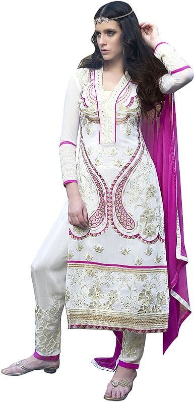 White and Pink Long Trouser Salwar Kameez Suit with Embroidery in Golden Thread and Crystals