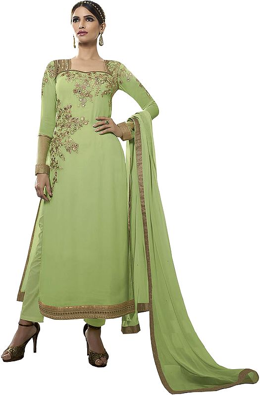Butterfly-Green Designer Long Parallel Salwar Suit with Zari Floral-Embroidery and Crystals