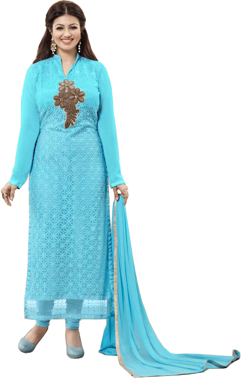 Plume-Blue Ayesha Chikan Embroidered Long Choodidaar Kameez Suit with Beads-Embroidered Floral Patch