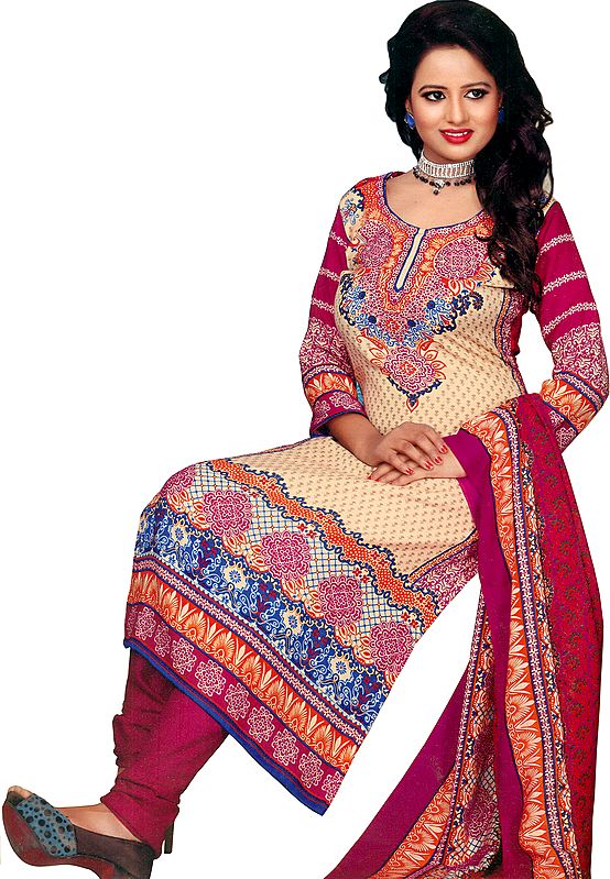 Cream and Pink Floral Printed Choodidaar Kameez Suit