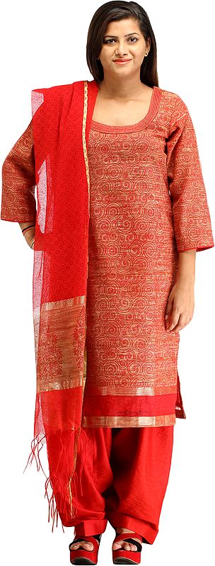 Rococco-Red Salwar Kameez Suit from Banaras with Printed Spirals
