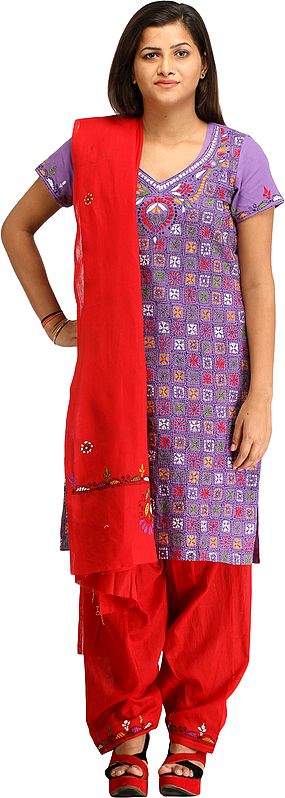 Purple and Red Salwar Kameez Suit from Kolkata with Kantha Hand-Embroidery