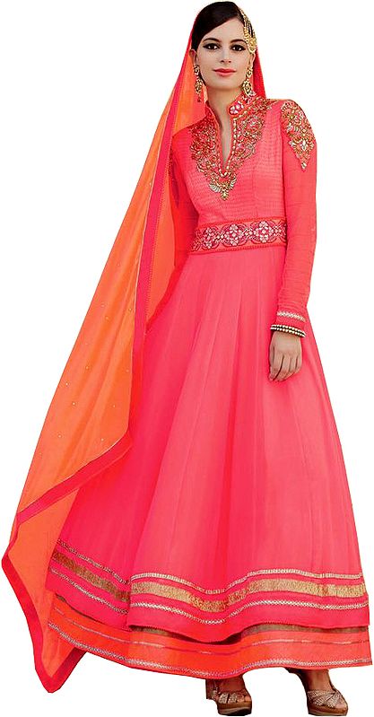 Bright-Pink and Orange Designer Double Layered Anarkali Suit with Zari-Embroidered Patches and Stone-work