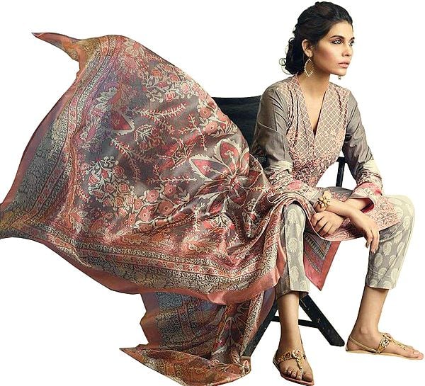 Griffin-Gray Printed Parallel Salwar Suit with Chiffon Dupatta