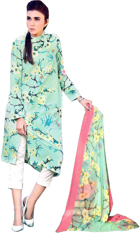 Brook-Green and Ivory Stylish Parallel Salwar Suit with Digital-Print and Chiffon Dupatta